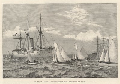 Regaty na Zanzibarze, wyścig na szalupach żeglarskich, okrążenie HMS Brisk (grawerowanie) autorstwa English School