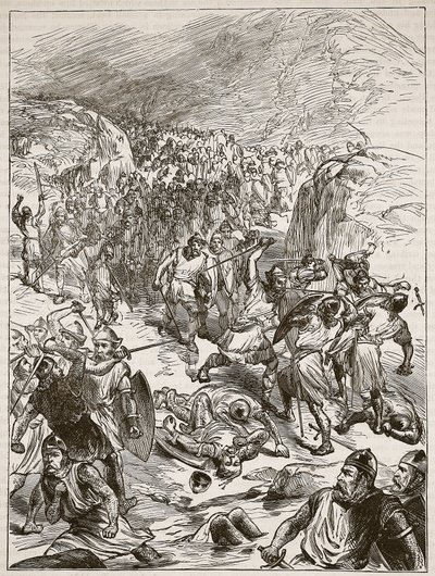 Odepchnięcie Anglików w Corwen, ilustracja z Cassells Illustrated History of England (zdjęcie w sepii) autorstwa English School