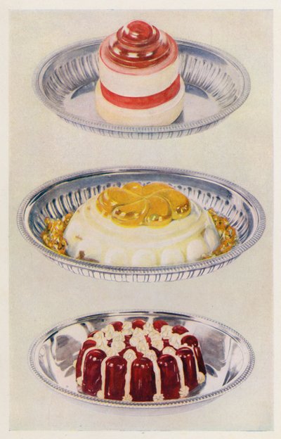 Galaretka wstążkowa; Venus Pudding; Galaretka winna i krem (kolorowa litografia) autorstwa English School