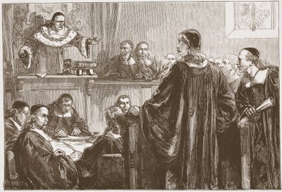 Richard Baxter przed sędzią Jeffreysem, ilustracja z Historii protestantyzmu Jamesa Aitkena Wylie (1808-1890), wyd. 1878 autorstwa English School