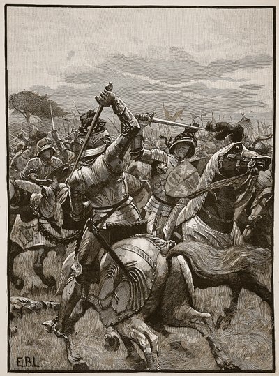 Ryszard III w bitwie pod Bosworth, ilustracja z Cassells Illustrated History of England (zdjęcie w sepii) autorstwa English School