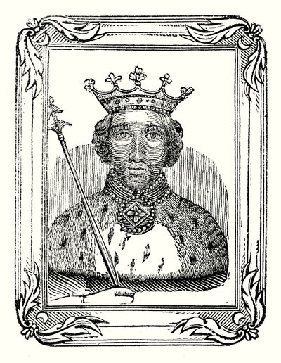 Ryszard II urodził się w 1366 r., został koronowany w 1377 r. i zamordowany w 1399 r. (rycina) autorstwa English School