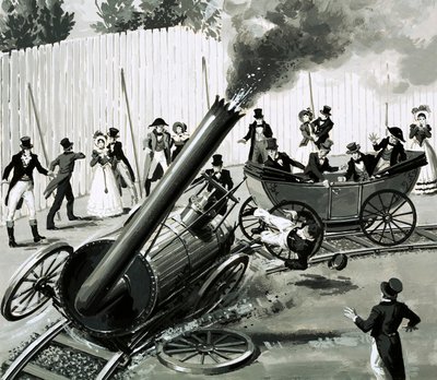 Richard Trevithick zbudował małą okrężną kolej w Londynie, aby wprowadzić ludzi w podróżowanie koleją (gwasz na papierze) autorstwa English School