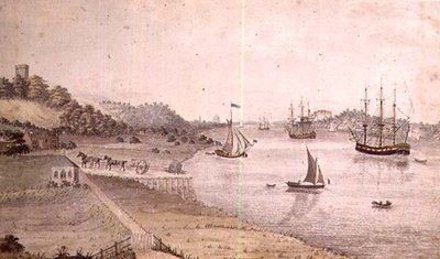 Krajobraz rzeki z żeglugą i autokarem Dover, ok. 1800 (pióro i pranie) (para 72977) autorstwa English School