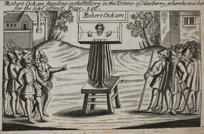 Robert Ockam stojący na pręgierzu w miejscowości Newberry, gdzie się urodził, ilustracja z Dziejów i zabytków Johna Foxe