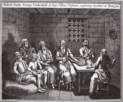 Robert Smith, George Tankerfield i ich współwięźniowie, naradzający się razem w Newgate, ilustracja z Foxes Martyrs c.1703 autorstwa English School