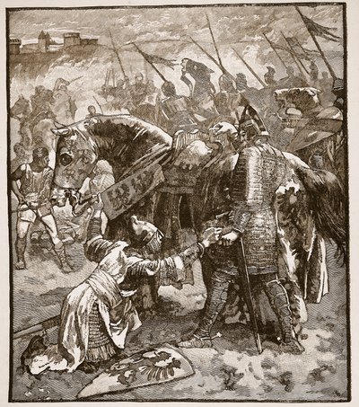 Robert proszący ojca o ułaskawienie, ilustracja z Cassells Illustrated History of England (zdjęcie w sepii) autorstwa English School