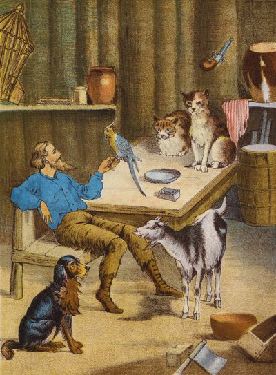 Robinson Crusoe (kolorowa litografia) autorstwa English School