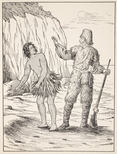 Robinson Crusoe i piątek, ilustracja z The Story of Robinson Crusoe: Adaptacja dla dzieci posługujących się językiem Defoes, wyd. przez Griffith Farran Browne & Co. Limited, Londyn autorstwa English School