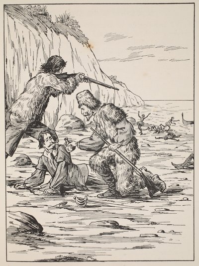 Robinson Crusoe i Friday ratujący Hiszpana, ilustracja z The Story of Robinson Crusoe: Adaptacja dla dzieci posługujących się językiem Defoes, wyd. przez Griffith Farran Browne & Co. Limited, Lo autorstwa English School