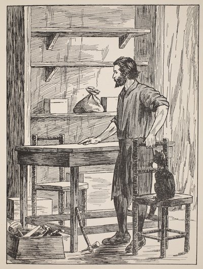 Robinson Crusoe buduje stół i krzesła do swojej jaskini, ilustracja z The Story of Robinson Crusoe: Adaptacja dla dzieci posługujących się językiem Defoes, wyd. autor: Griffith Farran Browne & Co. Limit autorstwa English School