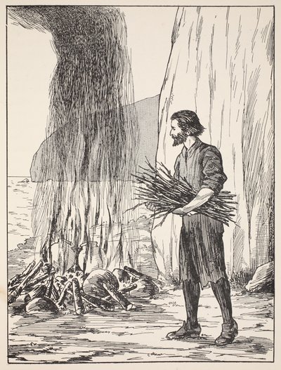 Gotowanie Robinsona Crusoe, ilustracja z The Story of Robinson Crusoe: Adaptacja dla dzieci posługujących się językiem Defoes, wyd. przez Griffith Farran Browne & Co. Limited, Londyn autorstwa English School