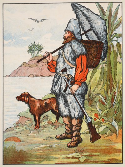 Robinson Crusoe, ilustracja z The Story of Robinson Crusoe: Adaptacja dla dzieci posługujących się językiem Defoes, wyd. przez Griffith Farran Browne & Co. Limited, Londyn autorstwa English School