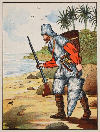 Robinson Crusoe, ilustracja z The Story of Robinson Crusoe: Adaptacja dla dzieci posługujących się językiem Defoes, wyd. przez Griffith Farran Browne & Co. Limited, Londyn autorstwa English School