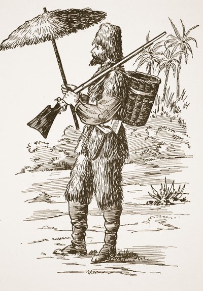 Robinson Crusoe, ilustracja z The Story of Robinson Crusoe: Adaptacja dla dzieci posługujących się językiem Defoes, wyd. przez Griffith Farran Browne & Co. Limited, Londyn autorstwa English School