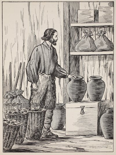 Robinson Crusoe w swoim magazynie, ilustracja z The Story of Robinson Crusoe: Adaptacja dla dzieci posługujących się językiem Defoes, wyd. przez Griffith Farran Browne & Co. Limited, Londyn autorstwa English School