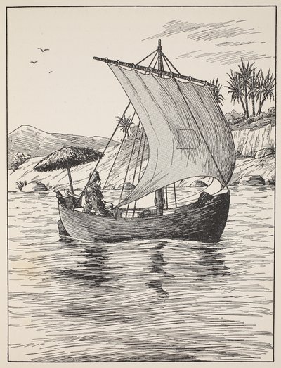 Robinson Crusoe na swojej łodzi, ilustracja z The Story of Robinson Crusoe: Adaptacja dla dzieci posługujących się językiem Defoes, wyd. przez Griffith Farran Browne & Co. Limited, Londyn autorstwa English School