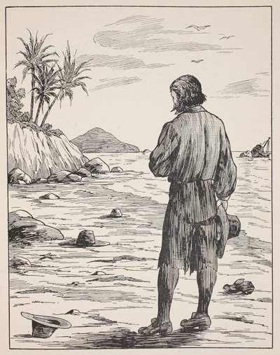 Robinson Crusoe na swojej wyspie, ilustracja z The Story of Robinson Crusoe: Adaptacja dla dzieci posługujących się językiem Defoes, wyd. przez Griffith Farran Browne & Co. Limited, Londyn autorstwa English School