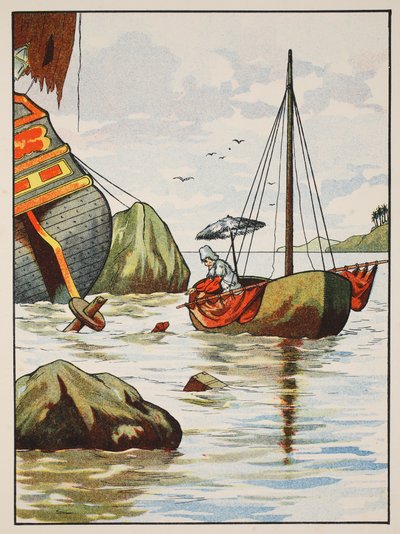 Robinson Crusoe ratujący psa z hiszpańskiego wraku statku, ilustracja z The Story of Robinson Crusoe: Adaptacja dla dzieci posługujących się językiem Defoes, wyd. autor: Griffith Farran Browne & Co. Limi autorstwa English School