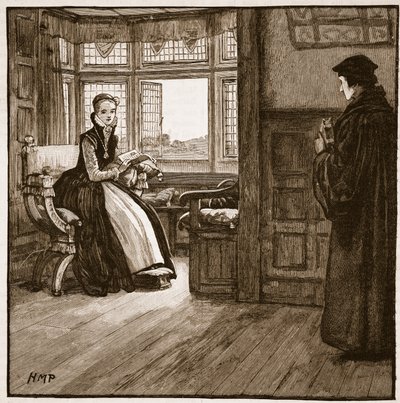 Wizyta Rogera Aschama u Lady Jane Grey, ilustracja z Ilustrowanej Historii Anglii Cassella (zdjęcie w sepii) autorstwa English School