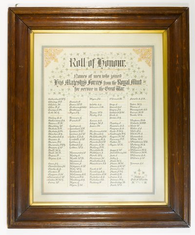 Roll of Honor, mężczyźni z Mennicy Królewskiej, którzy dołączyli do sił podczas I wojny światowej, ok. 1918 (pióro i atrament na papierze w drewnianej ramie) autorstwa English School