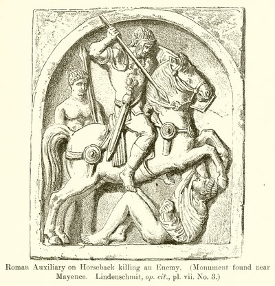 Rzymski pomocnik na koniu zabija wroga. (Pomnik znaleziony w pobliżu Mayence. Lindenschmit, op. cit., vii. nr 3) autorstwa English School