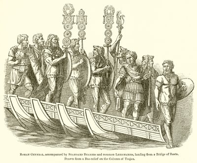 Rzymski generał w towarzystwie chorążych i legionistów, lądujących z mostu łodzi autorstwa English School