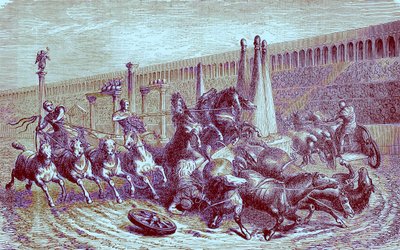 Rzymskie igrzyska publiczne pod panowaniem cesarstwa - wyścig rydwanów w cyrku, ilustracja z Ilustrowanej Historii Świata, wydanej ok. 1880 r. (obraz powiększony cyfrowo) autorstwa English School
