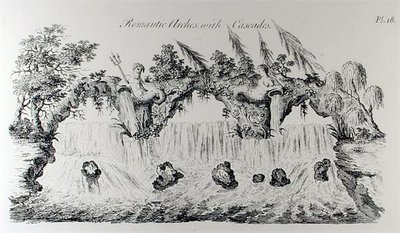 Romantyczne łuki z kaskadami, z „Architektury groteskowej lub wiejskiej rozrywki”, Williama Wrighta, opublikowane ok. 1767-90 (rycina) (zdjęcie czarno-białe) autorstwa English School