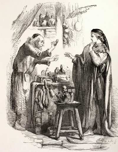 Romeo kupuje truciznę od aptekarza, ilustracja od Romea i Julii, z „Ilustrowanej Biblioteki Szekspira”, wydanej w Londynie 1890 (lito) autorstwa English School