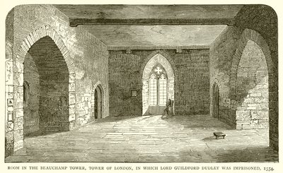 Pokój w Beauchamp Tower, Tower of London, w którym więziony był lord Guildford Dudley, 1554 autorstwa English School