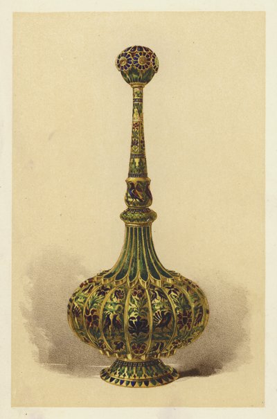 Butelka na wodę różaną lub tryskacz, pozłacana srebrem i emaliowana (chromolitho) autorstwa English School