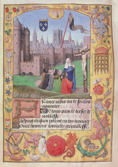 Roy 16 F II f.89 Notre Dame, Paryż, ukazujący ramiona wbite w pal, Dziewica poniżej chroni dziewięć postaci klęczących przed Ukrzyżowaniem, z Wierszy Karola, księcia Orleanu, ok. 1500 (welin) autorstwa English School
