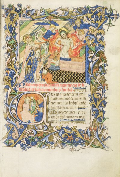 Roy 2 B I f.8 Postać w koronie podtrzymywana przez siwego brodatego świętego klęczącego przed wizerunkiem litości, z psałterza Humphrey księcia Gloucester, ok. 1420-30 (welum) autorstwa English School