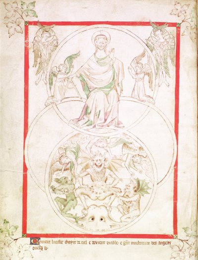 Roy 2 B VII f.1v Upadek Lucyfera, z psałterza królowej Marii, c.1310-20 (welum) autorstwa English School