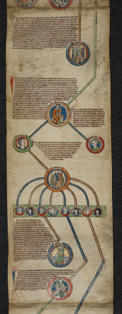 Royal 14 B. VI, Membrane 2, The Royal Genealogy od Aethelred do Edmunda I, ilustracja z „Zwoju genealogicznego królów Anglii”, ok. 1300-40 (welum) autorstwa English School