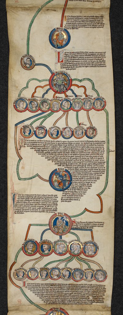 Royal 14 B. VI, Membrane 6, The Royal Genealogy od Stevena do Johna, ilustracja z „Zwoju genealogicznego królów Anglii”, ok. 1300-40 (welum) autorstwa English School