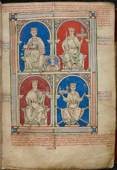 Royal 14 C. VII, f.9 Czterech królów Anglii: Henryk II, Ryszard I, Jan i Henryk III z Opactwem Westminsterskim, z „Historia Anglorum” autorstwa English School
