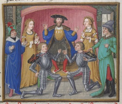 Royal 18 D.II, f.151 pogodzenie się Polynices i Tydeus, ilustracja z „Oblężenia Teb”, c.1455-62 (welum) autorstwa English School