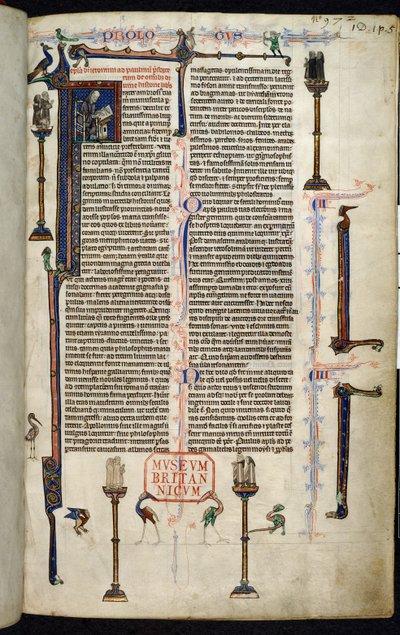 Royal 1 DI, f.1r, Hieronim, bracia na kolumnach, z Biblii Wilhelma z Devon (welin) autorstwa English School