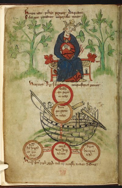 Royal 20 A. II, f.6v Król Henryk I na tronie, żałoba, ilustracja z „Kroniki Anglii” Petera de Langtoft, c.1307-27 (welum) autorstwa English School
