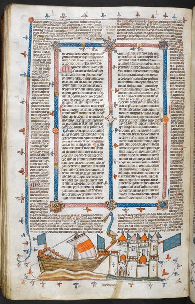 Royal MS 10 IV f.208v Atak marynarki wojennej i dekoracja marginalna, ilustracja z „The Smithfield Decretals” (welin) autorstwa English School
