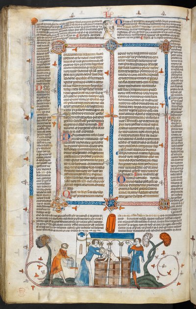 Royal MS 10 IV f.297v Kąpiel ofiary dżumy i dekoracja marginalna, ilustracja z „The Smithfield Decretals” (welin) autorstwa English School