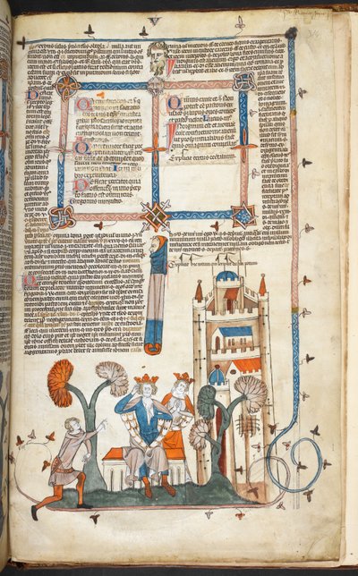 Royal MS 10 IV f.314r Król, królowa i ich zamek z dekoracją marginalną, ilustracja z „Dekretów Smithfielda” (welum) autorstwa English School