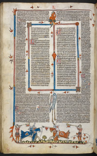 Royal MS 10 iv f.065v Knights Potyczki z dekoracją na marginesie, ilustracja z „Smithfield Decretals” (welin) autorstwa English School
