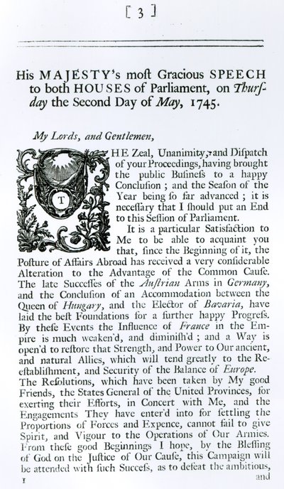 Królewskie przemówienie do obu izb parlamentu, 2 maja 1745 (druk) autorstwa English School