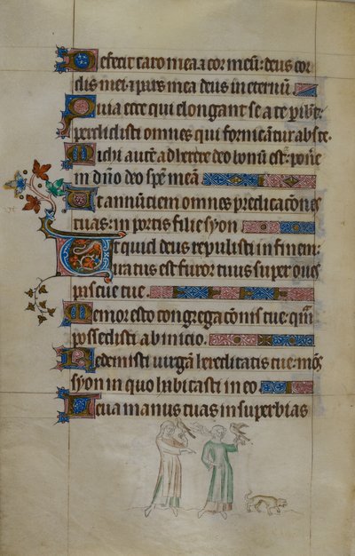 Royal ms 2_B VII f.177v Bas-de-page scena dwóch kobiet niosących jastrzębie i małego psa przed nimi, z zamieszkanym inicjałem, ilustracja z „Królowej Marii Psałterz” autorstwa English School