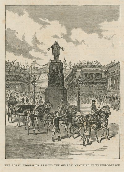 Królewska procesja przechodząca obok Pomnika Strażników w Waterloo Place autorstwa English School