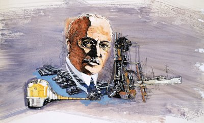 Rudolf Diesel na tle pociągów, łodzi i doków autorstwa English School