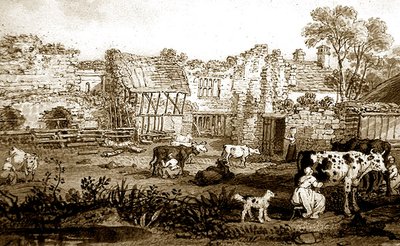 Zrujnowany dwór z krowami mlecznymi, ok. 1800 (pióro i sepia na papierze) autorstwa English School